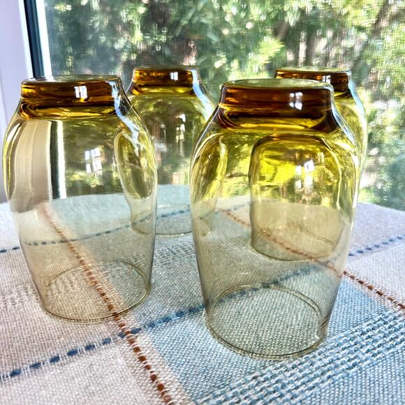 Vintage Mid-Century Amber Glass Tumblers – Set of 4 Lowball Style Glasses - Picture 7 of 10